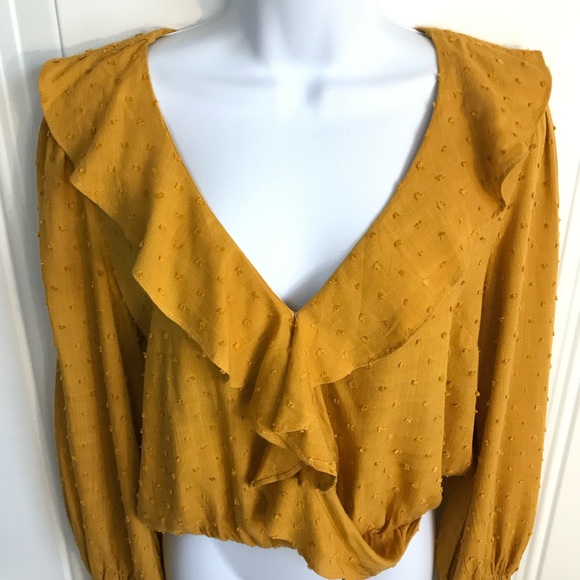 Lulus Women’s S Mustard Swiss Dot Ruffle Long Puff Sleeve Smocked Wrist Top EUC - Picture 6 of 16